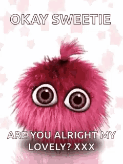 a pink stuffed animal with big eyes and the words `` okay sweetie are you alright my lovely ? ''