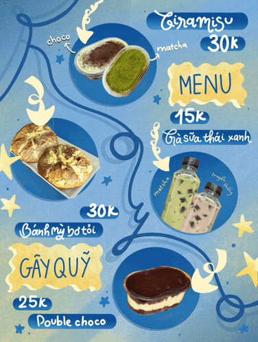a menu for tiramisu matcha and double choco is shown