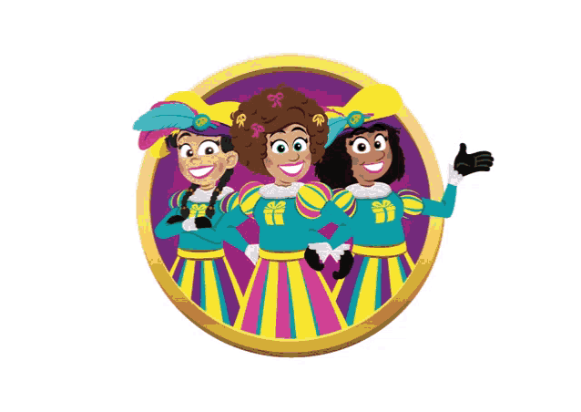 a cartoon illustration of three people in costumes with the letter r on their heads