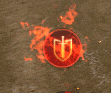 a red sphere with a cross on it is on fire
