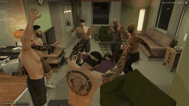 a group of men are dancing in a living room with the words love and laugh written on the wall