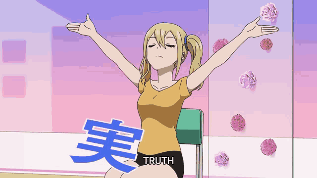 a cartoon of a girl with her arms outstretched and the word truth written on her shorts