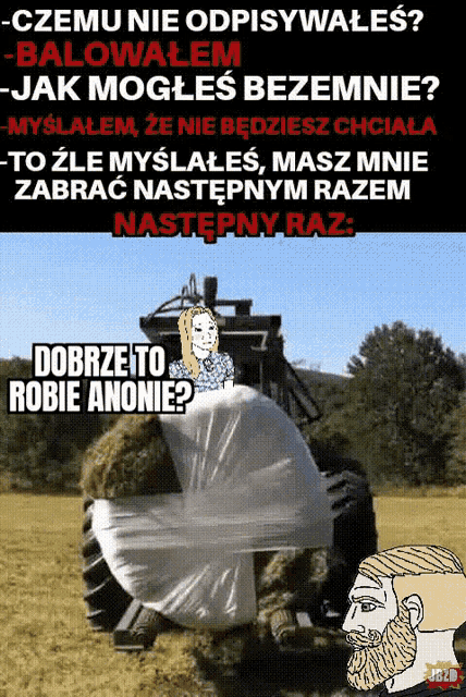 a man with a beard is standing next to a tractor with a large bale of hay