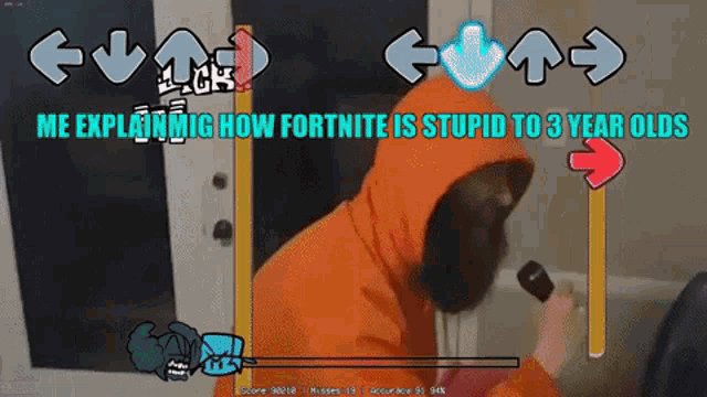 a man in an orange hoodie is singing into a microphone in a video game