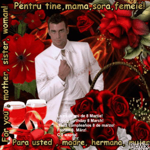 a man in a white suit is surrounded by red roses and flowers