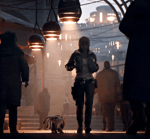 a woman is walking down a street with a small animal