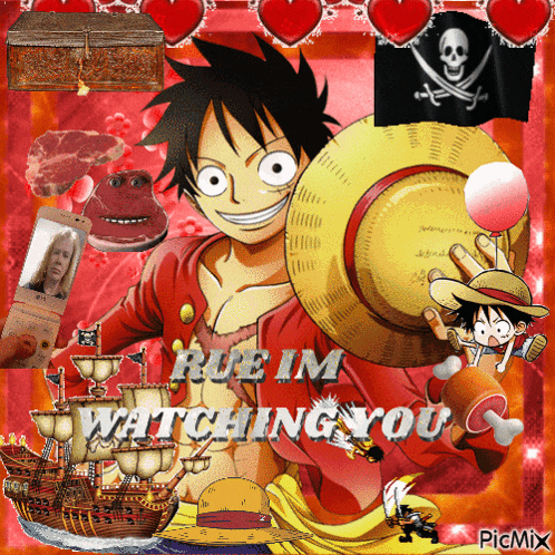 a picture of monkey d luffy from one piece with the words rueim watching you