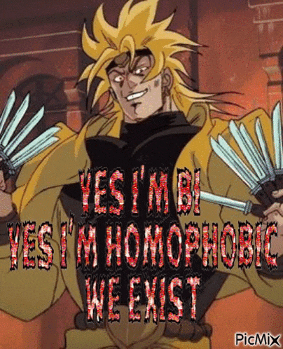 dio from jojo 's bizarre adventure is holding a pair of swords and saying yes i 'm bi
