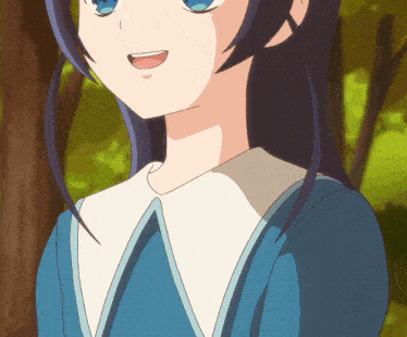 a close up of a girl 's face with blue hair and a white collar