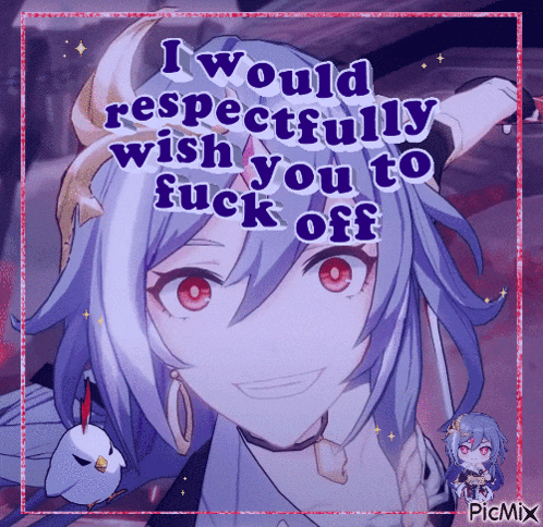 a picture of a girl with horns that says ' i would respectfully wish you to fuck off '