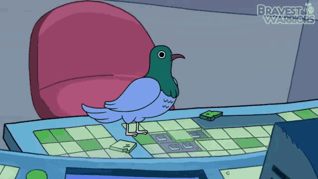 a cartoon of a pigeon standing on a table with the words bravest warriors written above it