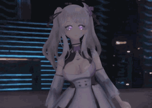 a girl in a white dress with a purple flower in her hair is dancing with the letters yis above her