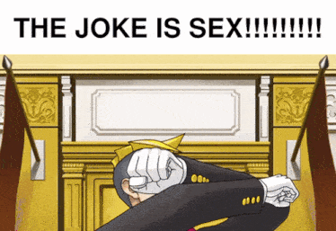 a cartoon of a man in a suit covering his face with his fist and the words " the joke is sex " above him