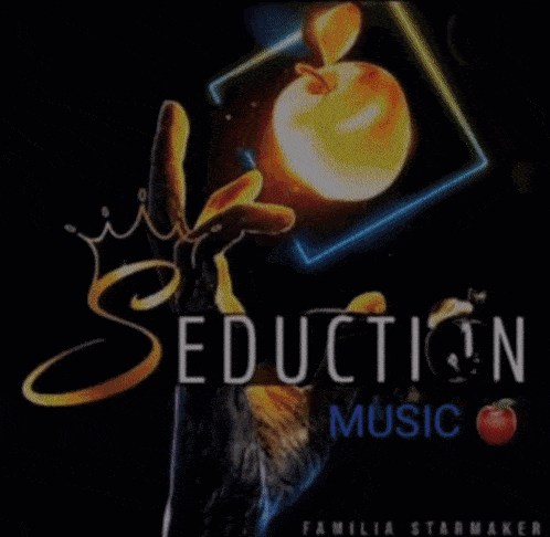 a poster for seduction music shows a hand holding an apple and lightning