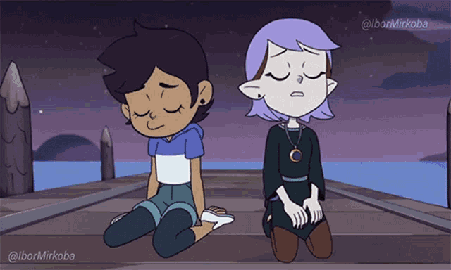 two cartoon characters are kneeling on a dock with their eyes closed