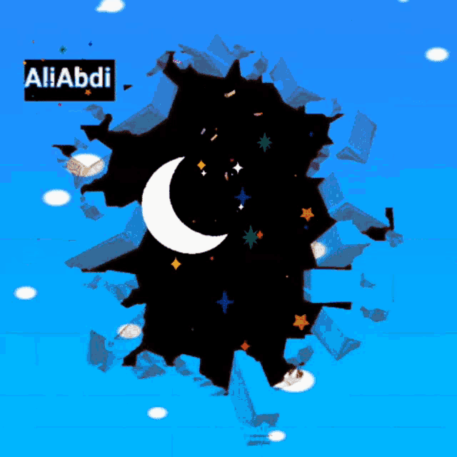 a cartoon drawing of a crescent moon with the name aliabdi on top