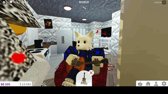 a dog is sitting in a chair playing a guitar in a room with the words bored above him