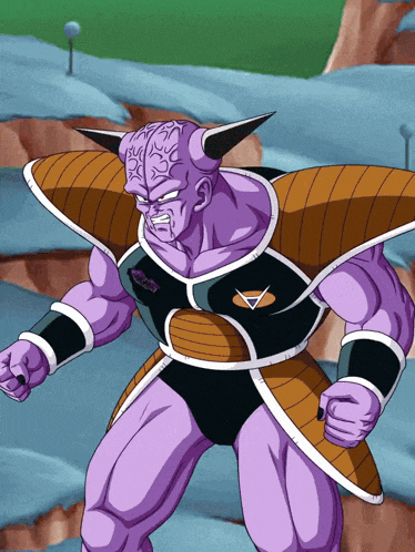 a purple cartoon character with a triangle on his chest stands in front of a mountain