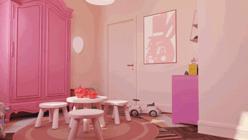a girl in a hat stands in a room with pink furniture