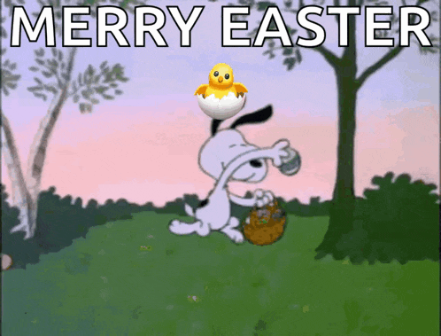 a cartoon of snoopy carrying an easter basket and a chick in an egg