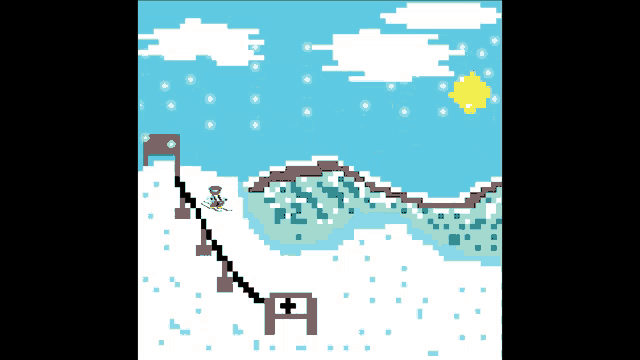 a pixel art drawing of a person skiing down a snow covered mountain