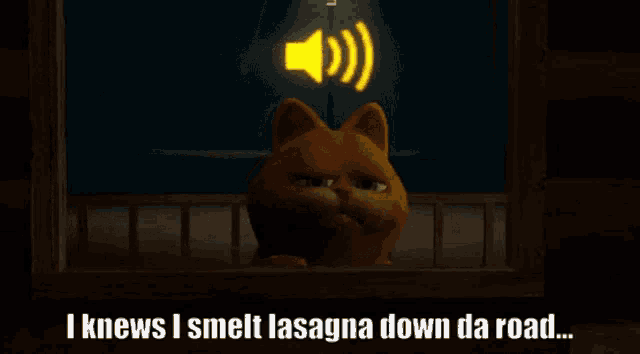 a cartoon cat says i knew i smell lasagna down da road