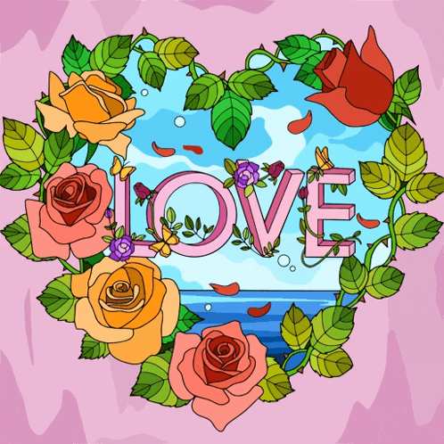 a heart with the word love surrounded by roses and leaves