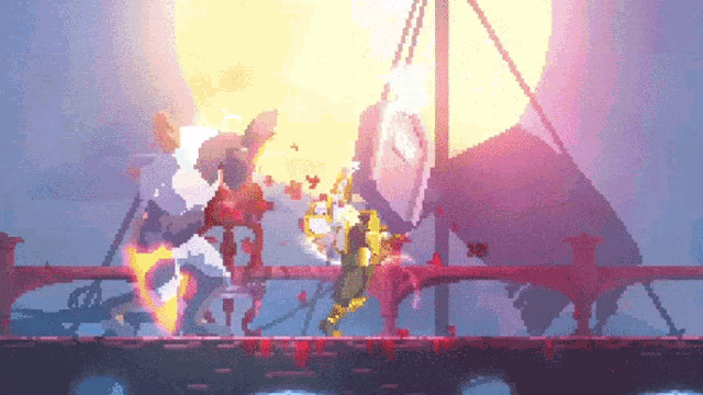 a pixel art of a man fighting a monster in a video game