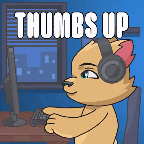 a cartoon of a cat wearing headphones and the words thumbs up