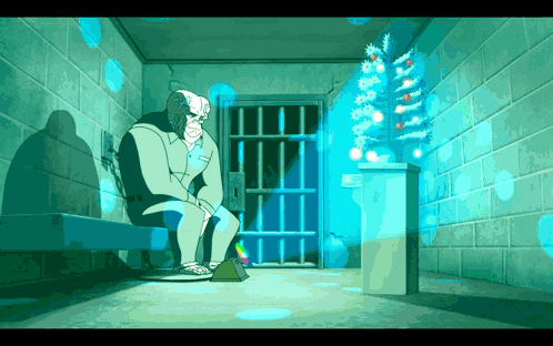 a cartoon of a man in a jail cell with a christmas tree