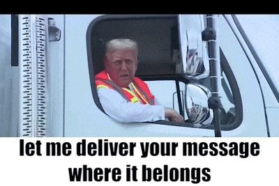 a man in a safety vest is driving a truck with the words let me deliver your message where it belongs