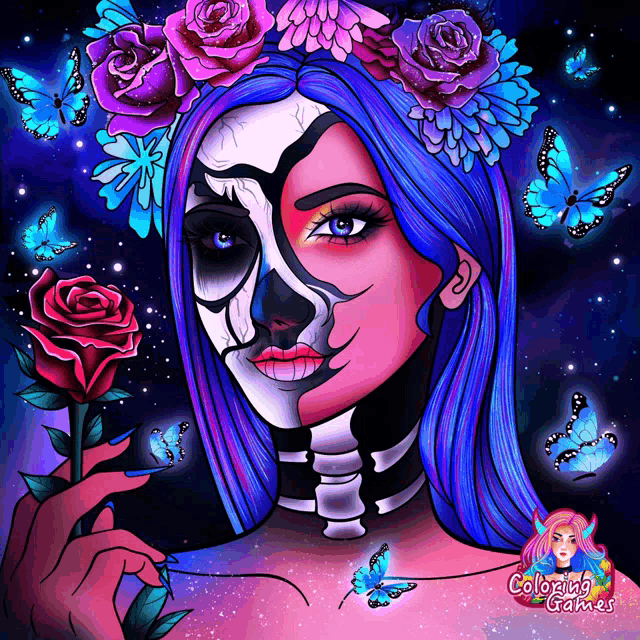 a drawing of a woman with half of her face painted like a skeleton holding a rose