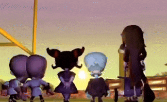 a group of cartoon characters are standing next to each other in front of a sunset