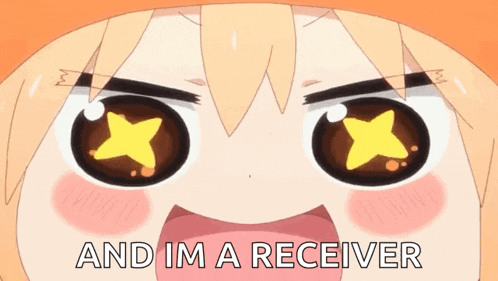 a close up of a cartoon character 's face with the words `` and im a receiver '' .