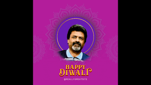 a man with a beard is in a purple circle with the words happy diwali on it