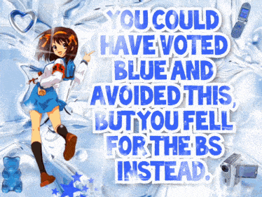 a poster with a girl and the words you could have voted blue and avoided this but you fell for the bs instead