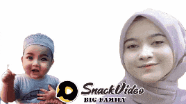 a woman in a hijab is standing next to a baby with the words snack video big family below them