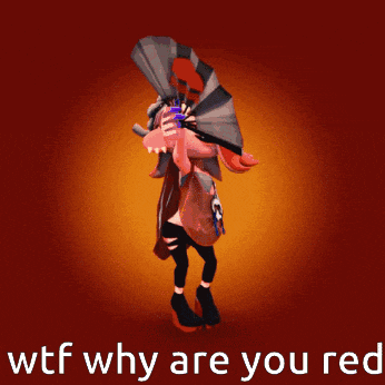 a cartoon character holding a fan with the words " wtf why are you red " below it