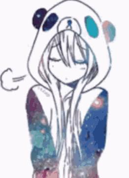a girl wearing a panda bear hoodie with a galaxy background .