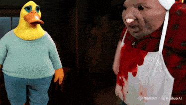 a duck and a pig are standing next to each other and the duck has a blue shirt on