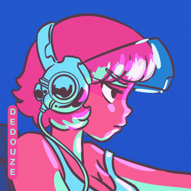 a drawing of a girl wearing headphones and a virtual reality headset with the word dedjune on the bottom