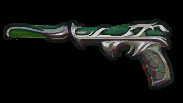 a green and silver gun with a red handle