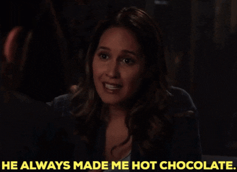 a woman talking to a man with the words he always made me hot chocolate