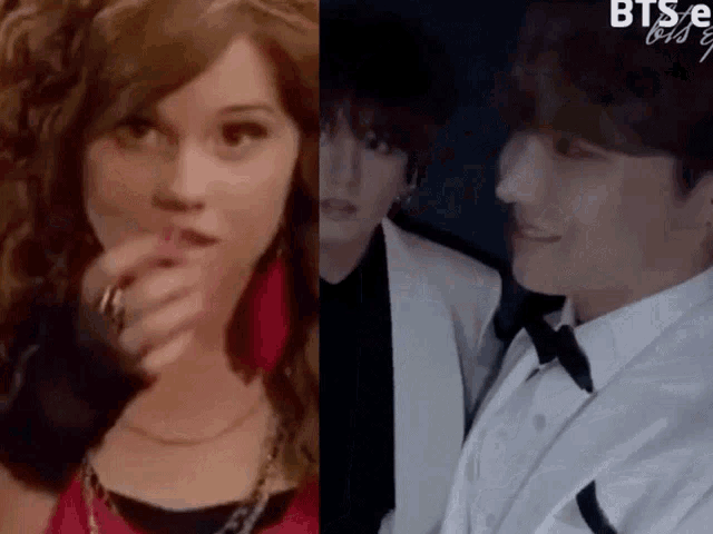 a picture of a woman next to a picture of a man in a tuxedo with the word bts on the bottom