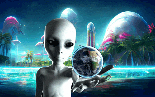an alien is holding a globe in his hand in front of a futuristic landscape