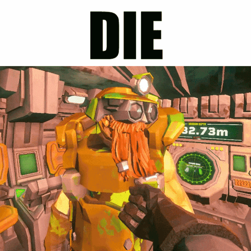 a video game character with a beard and a helmet with the word die above him