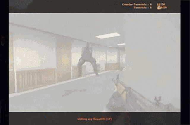 a video game screen shows a soldier jumping in the air while holding a gun