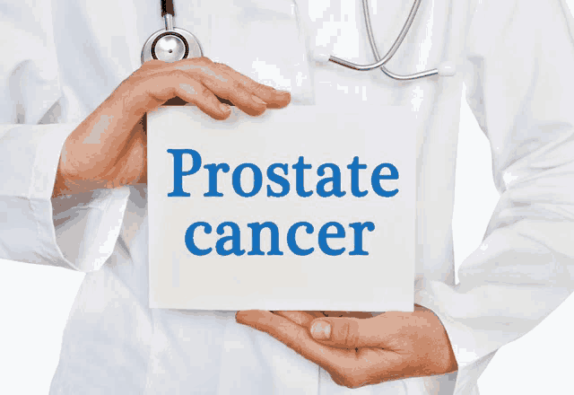 a doctor with a stethoscope holds a sign that says prostate cancer