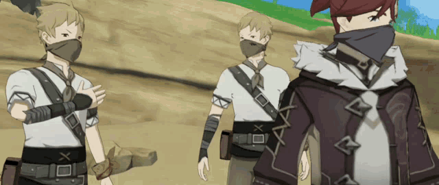 a group of cartoon characters standing next to each other with one wearing a mask