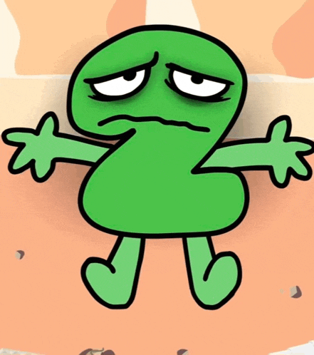a cartoon drawing of a green number 2 with a sad look on his face